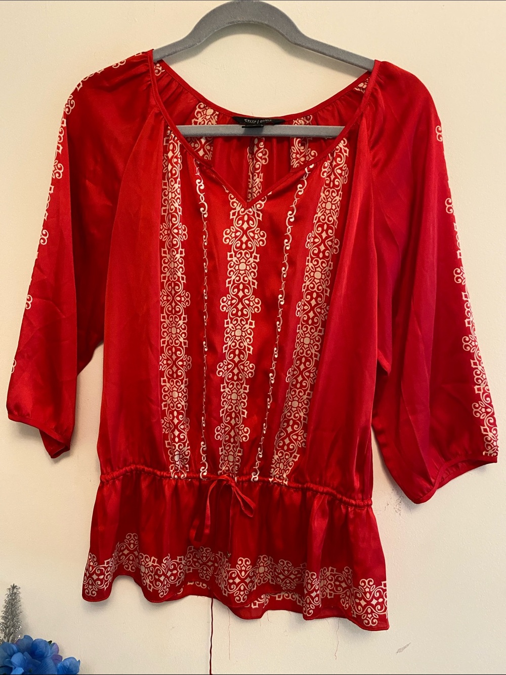 White House Black Market Red Embroidered Peasant Tunic